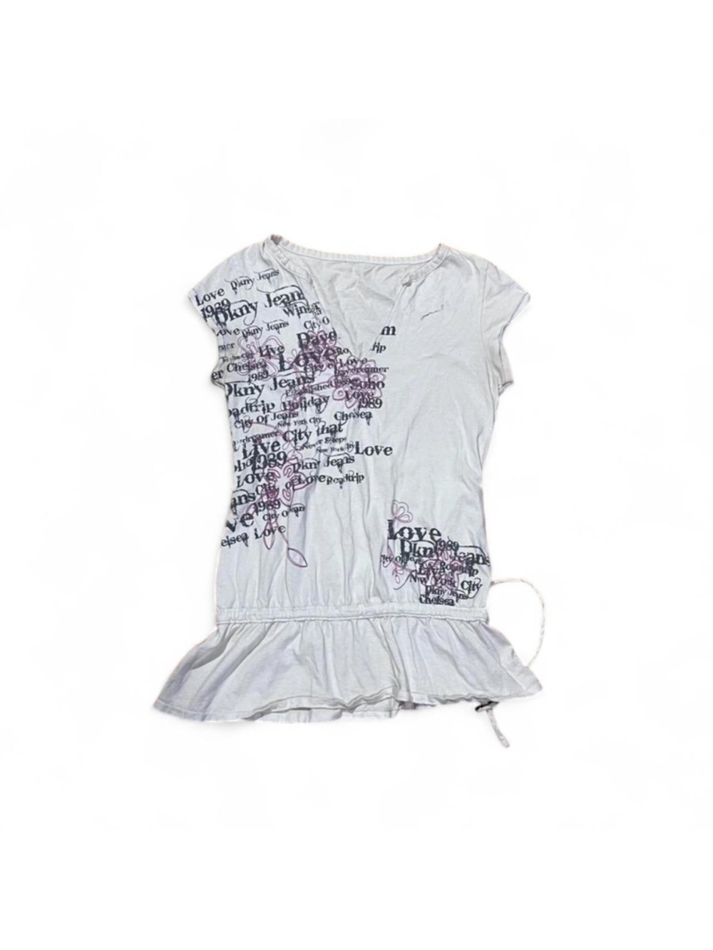 White DKNY Jeans tank with purple and black graphic design & adjustable string